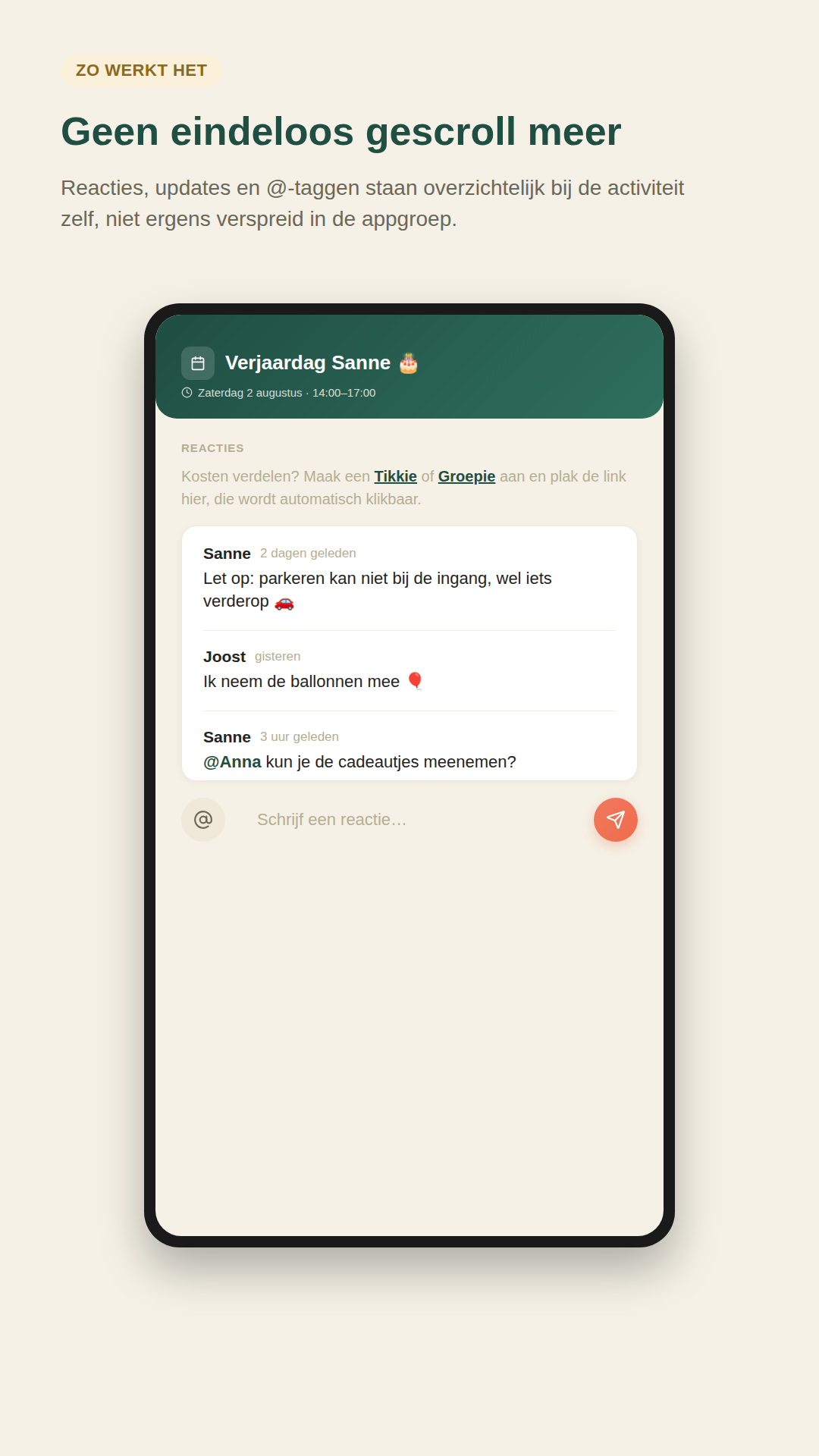Reacties onder een activiteit, met een tip om de kosten via Tikkie of Groepie te verdelen.